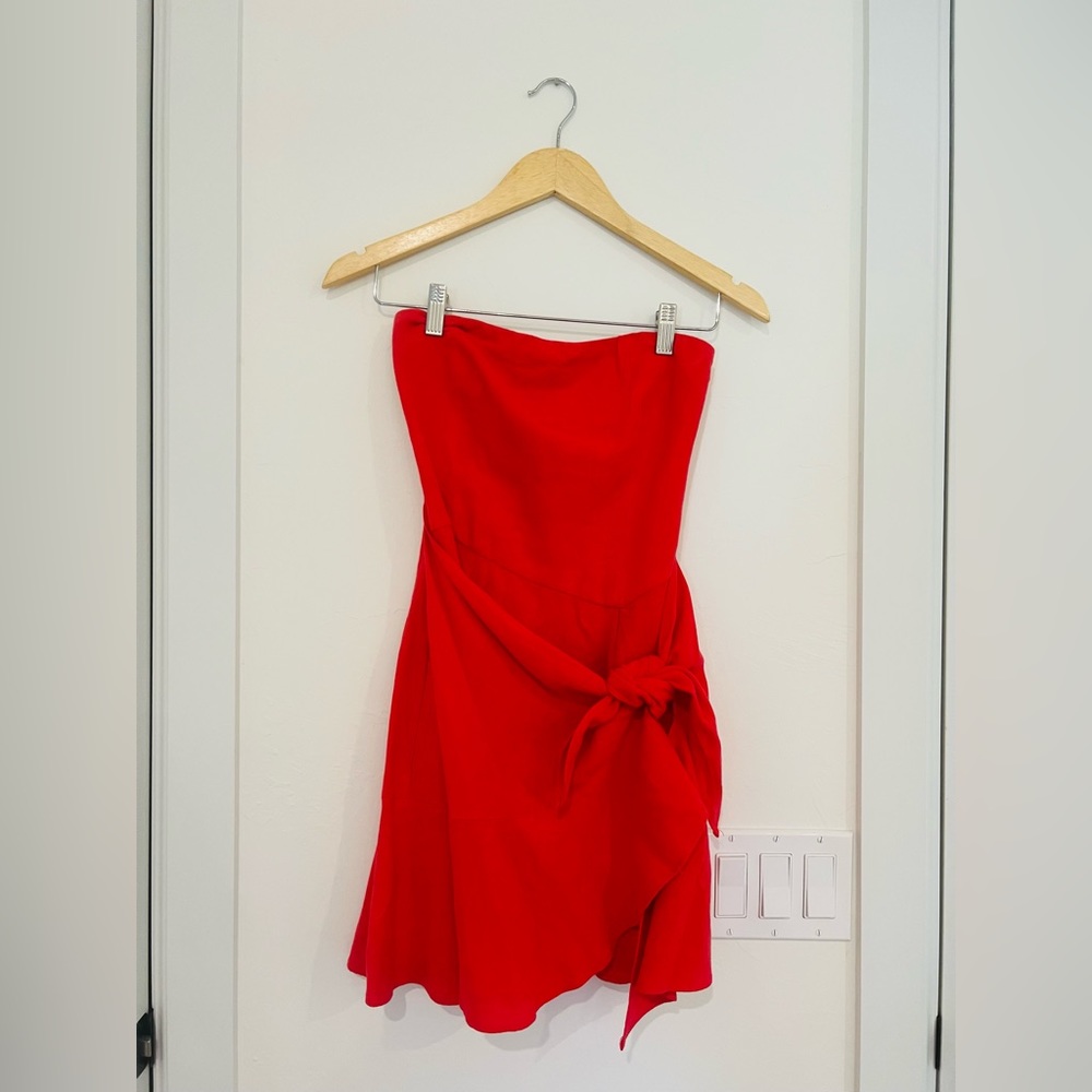 Red strapless mini dress